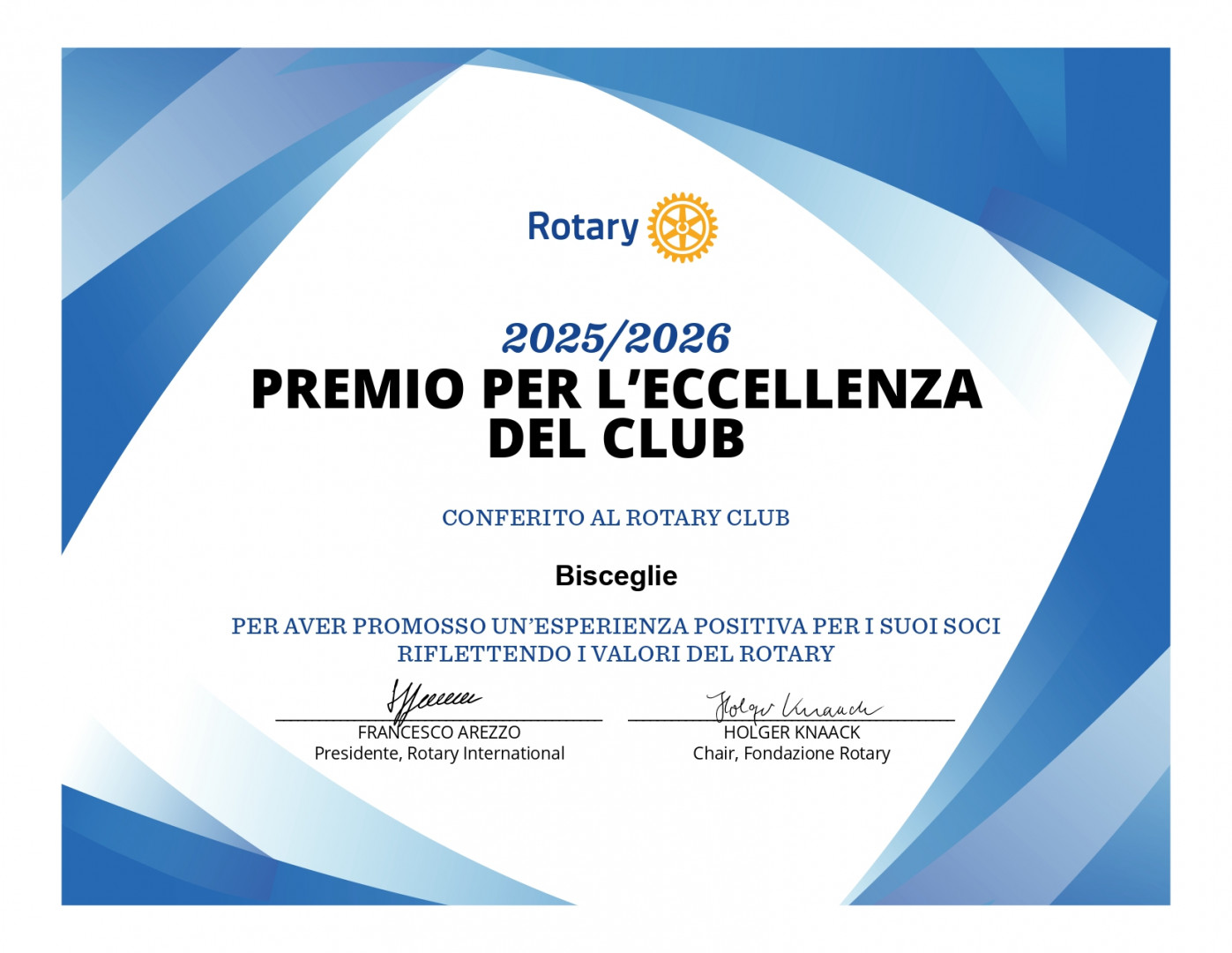 "Premio per l'eccellenza" dal Presidente Internazionale al Rotary Club Bisceglie